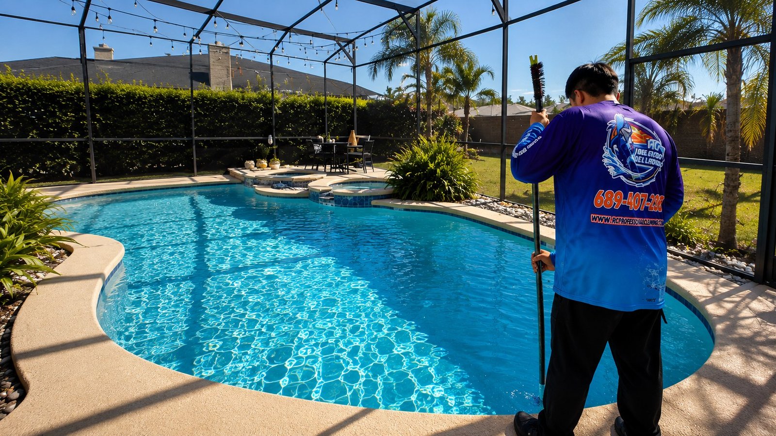 RC Professional Cleaning technician performing pool maintenance in Central Florida