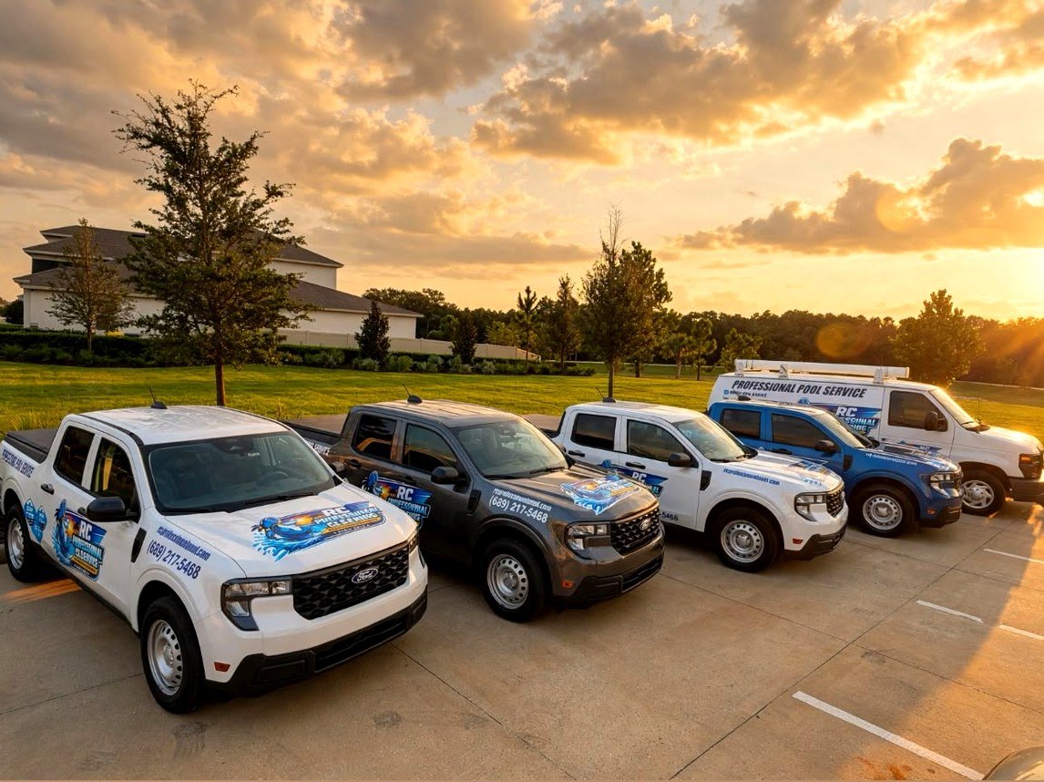RC Professional Cleaning branded fleet vehicles parked at sunset